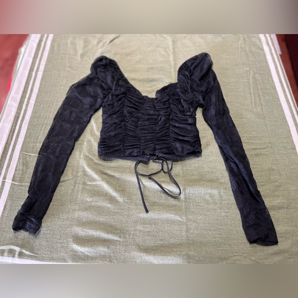 Free People Elegant Black Ruched Women's lace Top